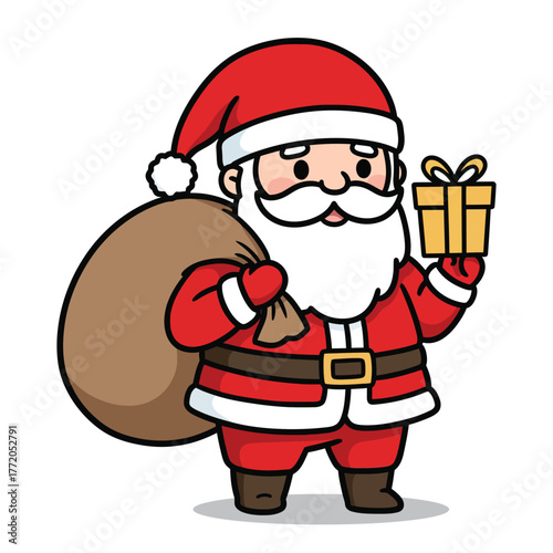 Cute Santa Claus holding gift box and sack vector illustration