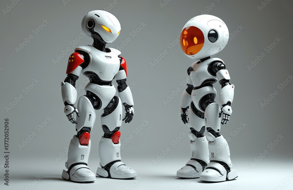 Fototapeta premium Two white humanoid robots stand side-by-side. One yellow eyes, red accents on shoulders, knees. Orange visor-like face, appears slightly shorter. Futuristic androids for tech, science themes.