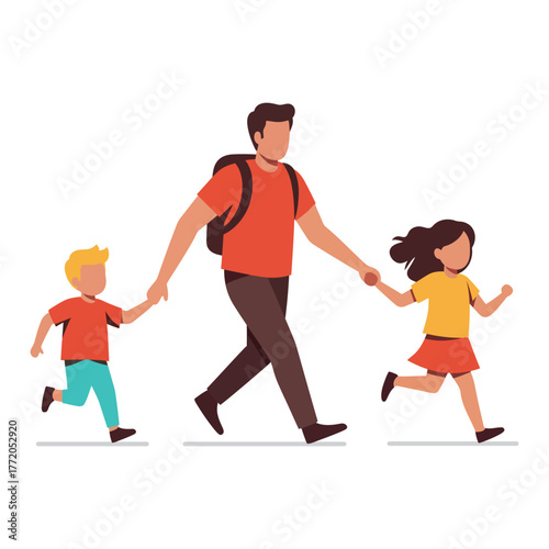 Father holding hands with children family walk vector illustration