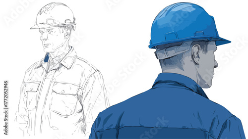 Professional Drawing of Man in Blue Uniform and Hard Hat for Project Site Visuals