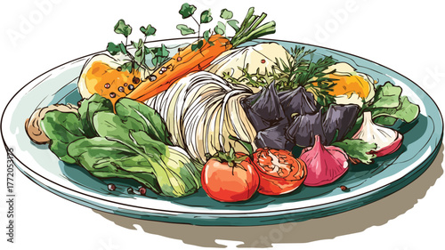 Elegant Vector Drawing of Food Plated Professionally with Detailed Outline