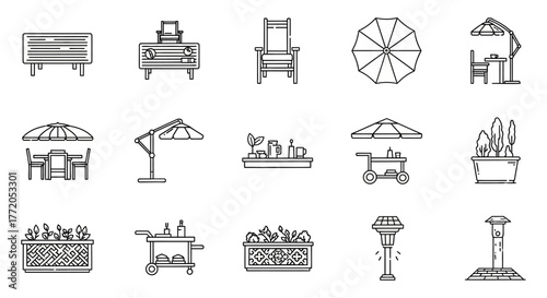 outdoor furniture collection patio chairs umbrellas and planters creating a relaxed outdoor space perfect for home decor and garden design ideas.