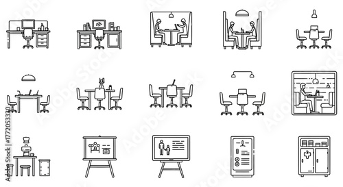 office layout a collection of outline icons depicting workplace setups suitable for illustrating modern office designs and workspace planning in architecture.