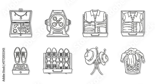 organizing personal belongings in a closet with jewelry shoes and clothes for a well-organized home and lifestyle reflecting tidiness and care