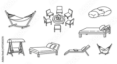 outdoor furniture arrangement creating a cozy outdoor living space with a fire pit and hammocks ideal for relaxation and backyard gatherings.