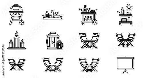 Outdoor entertaining icons bbq grill drinks tray and folding chairs for a party set against a white background suitable for party planning guides.