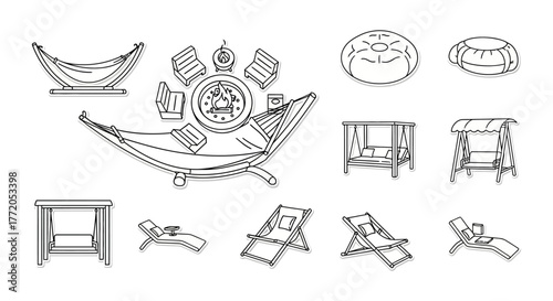 outdoor furniture arrangement for patio relaxation creating a cozy backyard retreat with hammocks fire pit seating and lounge chairs for leisure time.