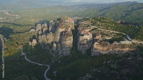 Aerial View of Meteora Rock Formations with Kalambaka and Kastraki