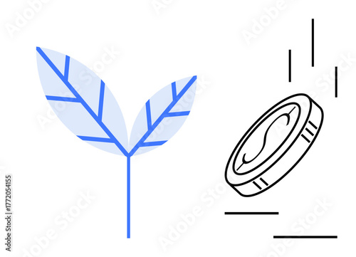 Two main elements blue leaf and coin in motion, symbolizing eco-friendly investment, green economy, renewable resources, economic growth, conservation, ecological funding, and sustainability. Simple