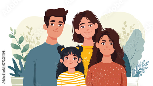 Professional Family Photo with Little Girl in Vector Outline Style