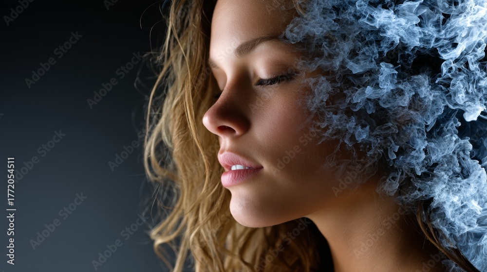 Fototapeta premium Woman with smoke around head showing emotion depth beauty confidence and creative fashion expression in surreal portrait photography