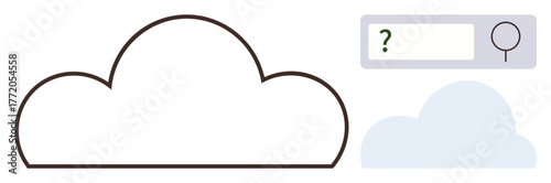 Cloud outline and light blue cloud with search bar including question mark and magnifying glass. Ideal for technology, innovation, research, internet, data storage, curiosity, exploration. Simple