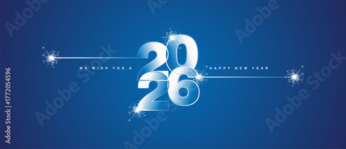 Happy New Year 2026 eve loading line design art numbers logo with sparkle fireworks white blue light vector wallpaper greeting card