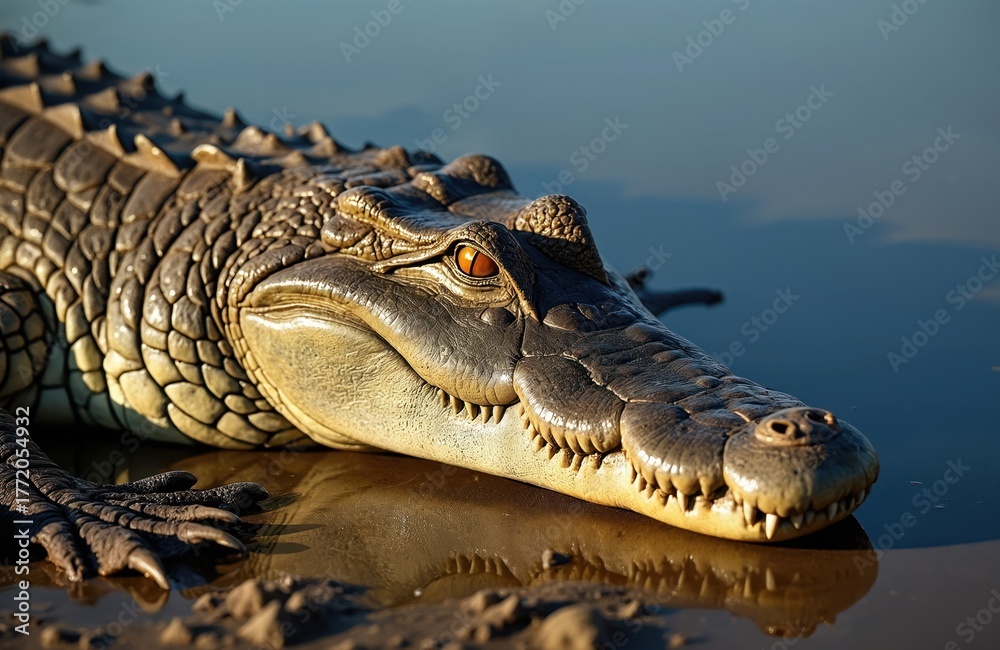 Obraz premium Close photo of big alligator reptile resting on muddy shore. Large crocodile looks towards camera at eye level. Florida wetlands creature sunbathing in natural environment