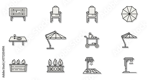 outdoor furniture icons a bench chairs tables and planters illustrating patio design perfect for landscaping plans  garden layouts