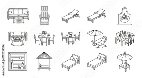outdoor furniture illustrations patio setup with dining set fire pit seating and poolside lounge chairs for backyard design ideas lifestyle