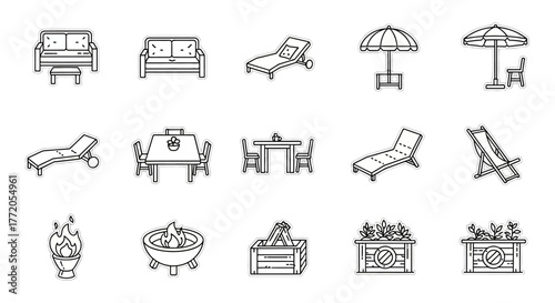 outdoor furniture line art illustrations of patio sets lounge chairs fire pits and planters for backyard design projects vector icons