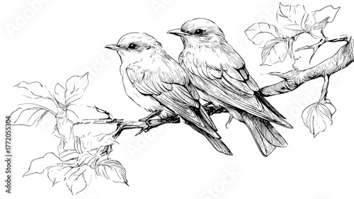 Enchanting Coloring Page Featuring a Pair of Birds on Tree Branch