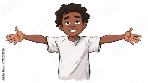 Cheerful African American Boy Standing with Open Arms Vector Illustration