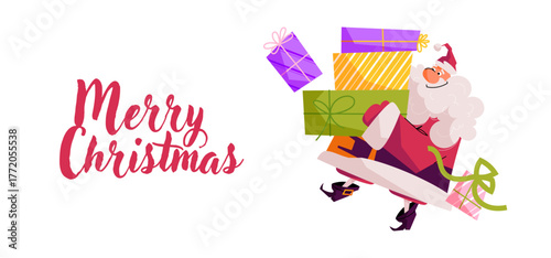 Cheerful Santa Claus carrying gift boxes with Merry Christmas lettering.  Banner for holiday cards, posters, and winter celebration design. Festive vector isolated on white background