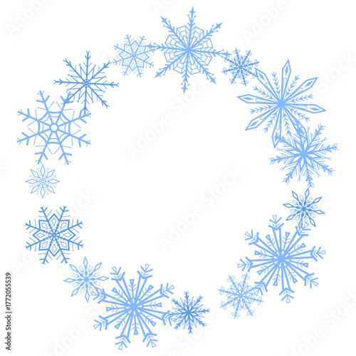 Elegant circular frame made of blue snowflakes isolated on white background. Minimalistic winter vector illustration perfect for Christmas cards, seasonal design, invitations, and festive decoration