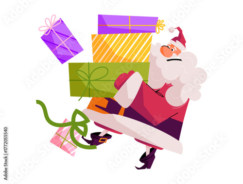 Cheerful Santa Claus carrying a stack of colorful gift boxes. Playful festive vector illustration perfect for Christmas design, greeting cards, and winter holiday projects