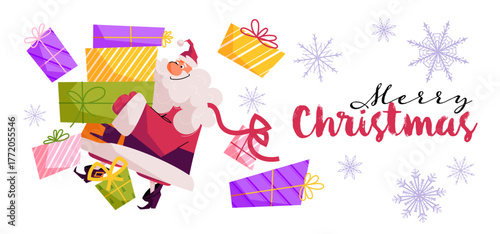 Cheerful Santa Claus carrying gift boxes with snowflakes and Merry Christmas lettering. Banner for holiday cards, posters, and winter celebration design. Festive vector illustration