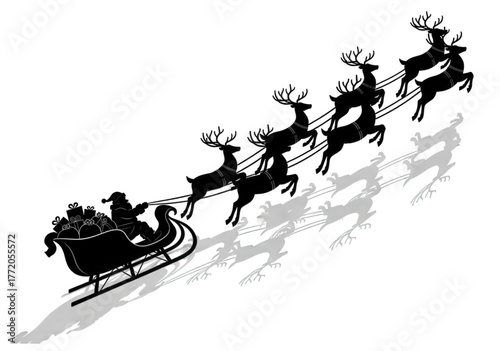 Black silhouette of Santa Claus flying in his sleigh with reindeer.
