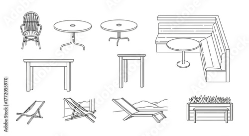 outdoor furniture sketches set of patio chair tables bench and planter for cafe or backyard garden design summer living patio styling