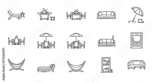 outdoor furniture showcasing a set of patio furniture and lounge chairs in line art style perfect for home improvement and architectural design projects.