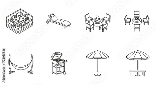 outdoor living elements isometric icons of patio furniture fire pit grill umbrella and hammock offering relaxation perfect for summer designs.