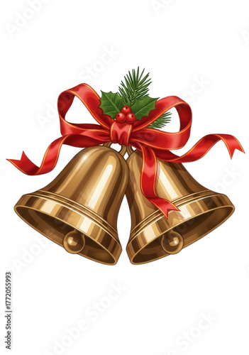 Golden Christmas jingle bells with a festive red ribbon.