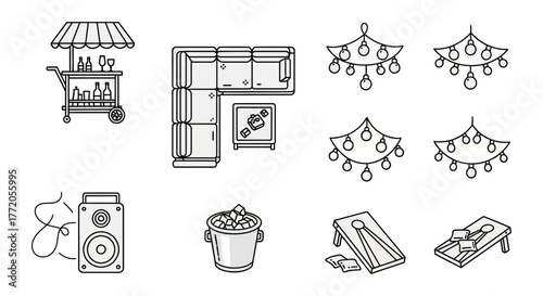 outdoor party setting up a fun outdoor party scene with a bar cart cornhole string lights speaker and ice bucket perfect for event promotion.