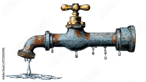 Leaking Water Pipe and Damaged Dripping Fitting Vector Illustration