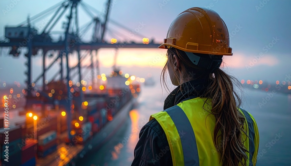 Obraz premium Harbor Crane Controller Monitoring Container Movement at Foggy Dusk