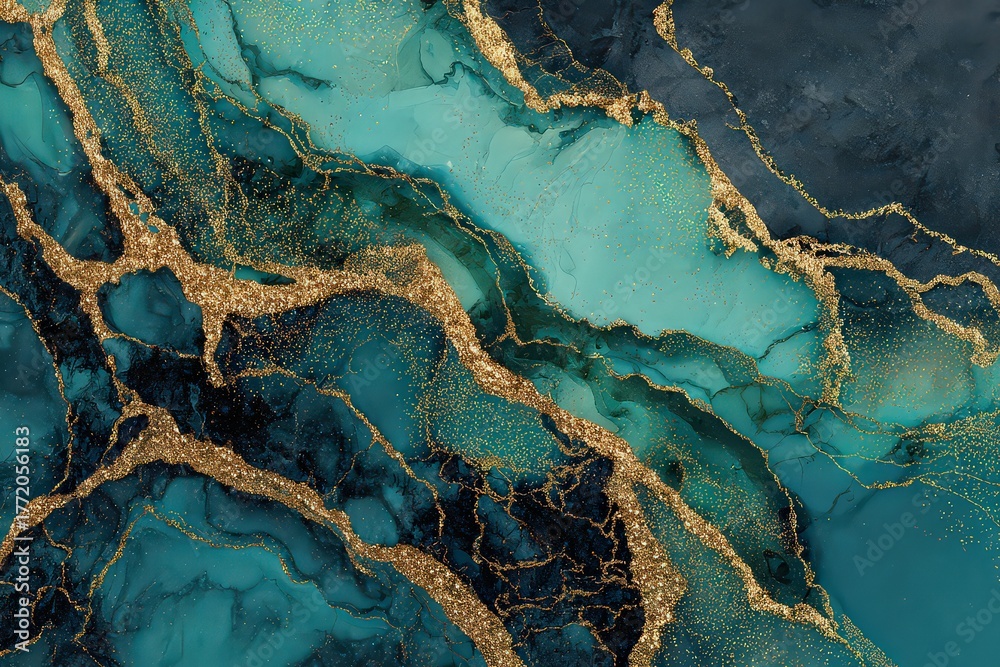 Fototapeta premium Abstract Teal And Gold Glitter Texture With Fluid Art Swirls And Marbling Effect