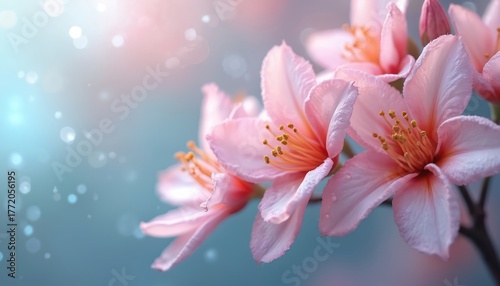 Close up of beautiful pink flowers with delicate petals, vibrant yellow stamens. Blossom gracefully. Soft pastel blue, peach background features sparkling bokeh lights. Dreamy romantic floral