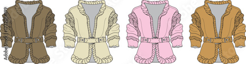 Four Different Colored Vintage Coats with Ruffled Collars and Cuffs