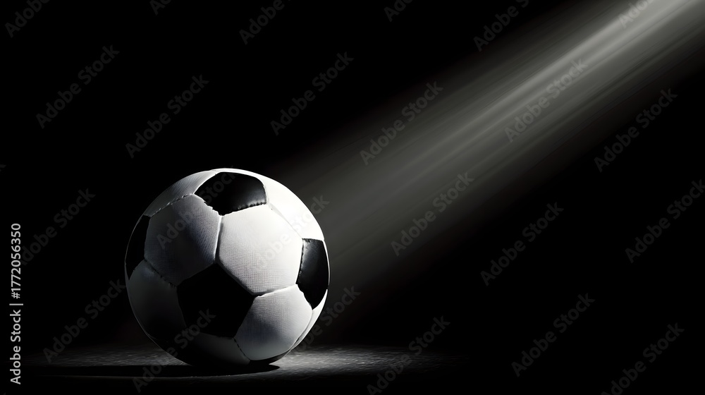 Naklejka premium Classic black and white round ball rests illuminated by a single dramatic spotlight in darkness