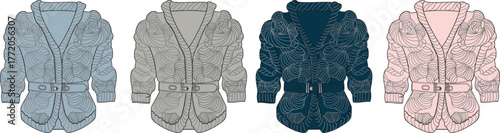 Sophisticated Women's Belted Jacket Collection Modern Technical Fashion Illustrations in Diverse Colorways for Apparel Design Concepts