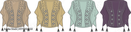 Set of technical fashion flat sketches of a women's bohemian poncho with a hood and ethnic embroidery pattern in four colorways