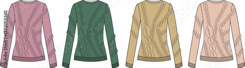 A collection of four long-sleeved tops in various colors, laid out flat for display