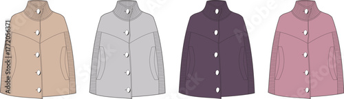 Collection of stylish women's fashion capes illustrated in a variety of contemporary colors including beige, grey, purple, and pink, perfect for modern apparel design and seasonal outerwear