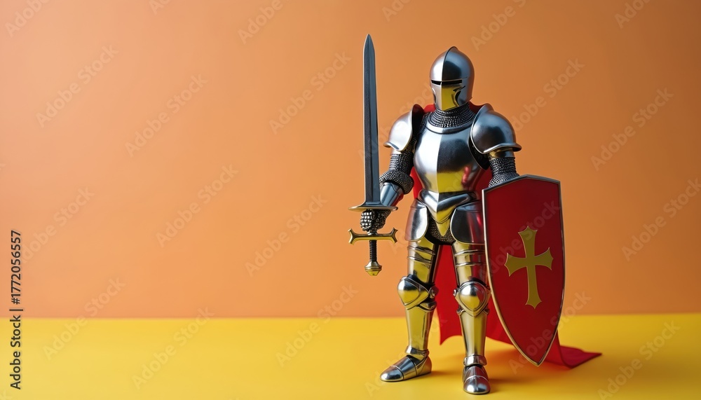 Fototapeta premium Toy knight in shining metal armor stands with sword and shield. The figure wears a red cape against an orange and yellow background. It looks ready for a medieval battle or fantasy adventure game.