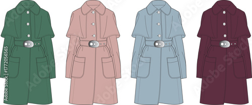 Set of colorful women's trench coats with cape shoulders. Vector fashion design template for elegant outerwear apparel collection