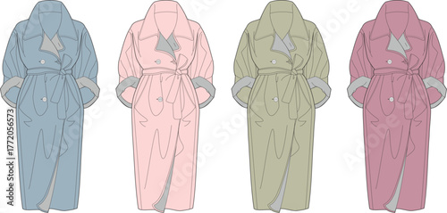 Four different colored illustrated fashion trench coats on a white background