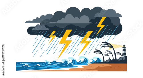 Dramatic thunderstorm with lightning over a stormy ocean beach. Flat Vector Illustrations. EPS Editable