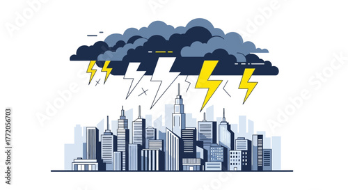Dramatic thunderstorm with lightning striking a modern urban skyline. Flat Vector Illustrations. EPS Editable