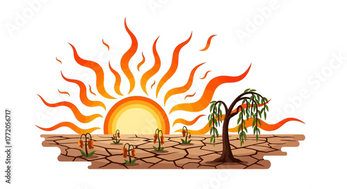 Drought and Heatwave Affecting the Environment and Agriculture. Flat Vector Illustrations. EPS Editable