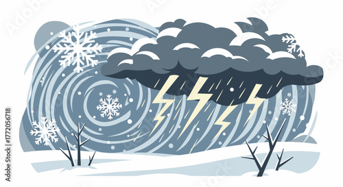 Dramatic winter thundersnow storm with swirling blizzard and lightning. Flat Vector Illustrations. EPS Editable